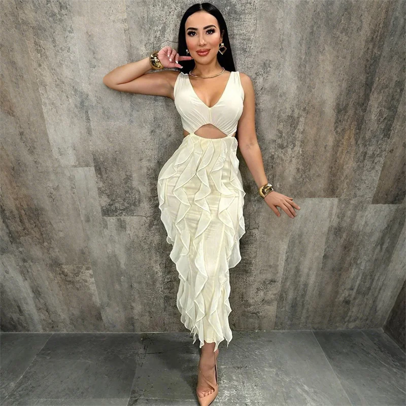 2025 été femmes col en V sans manches découpé volants moulante Sexy robe de soirée mi-longue dos fente noir rose robe de boîte de nuit anniversaire