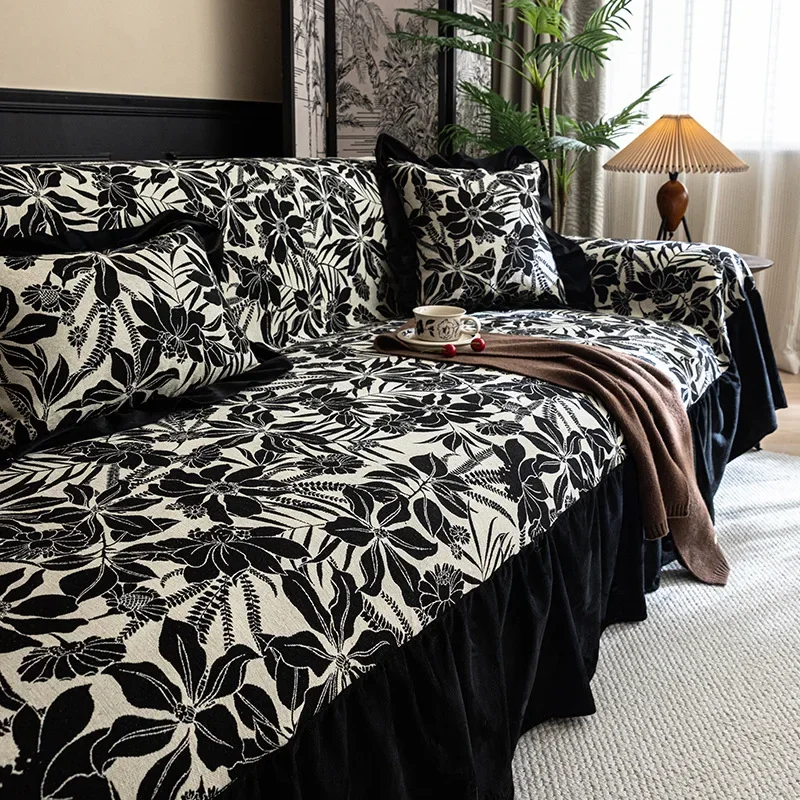 1pcs French Luxury All Inclusive Dust-proof Sofa Towel Printed Sofa Cushion with Lace Wear-resistant Comfortable Couch Slipcover