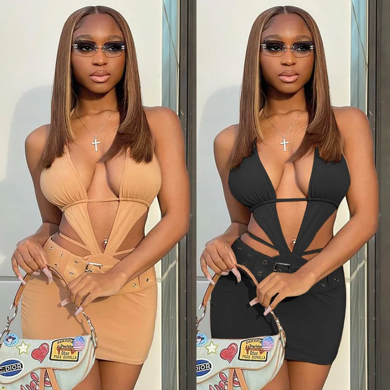 Ropa de mujer de talla grande de verano nuevo vestido Sexy de club nocturno con correa para el cuello