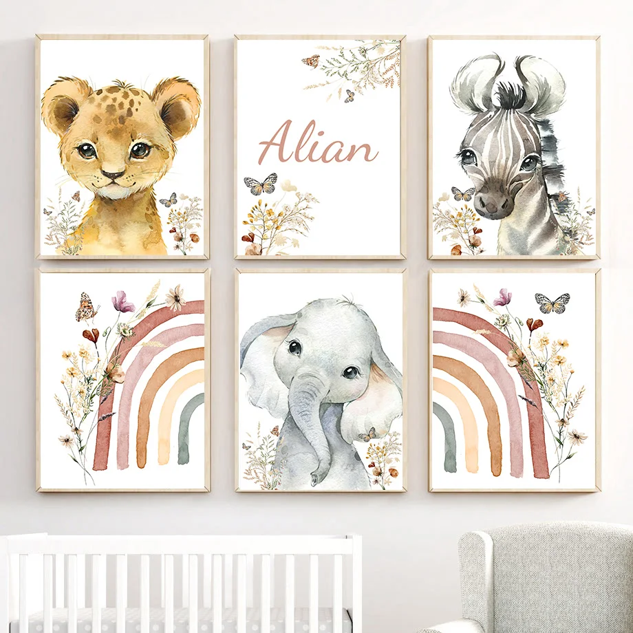 

Lion Zebra Elephant Rainbow Flower Nursery Wall Art Canvas Prints Nordic Animal Posters Pictures Baby Kids Room Decor Paintings