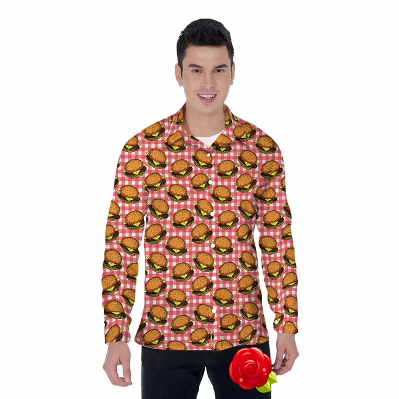 

Funny Hamburger Hot Dog 3D Printed Long Sleeve Shirts For Men Clothes Casual Male Streetwear Food Burger Lapel Blouse Unisex Top