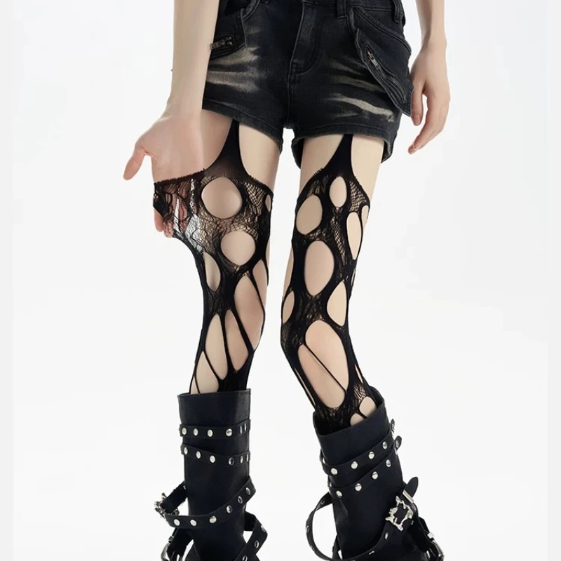Damen Y2K Punk Strumpfhalter Ripped Strumpfhose Hochelastisch Sexy Unregelmäßige Löcher Spitze Netzstrumpfhose für Club Party Streetwear – Detail 3