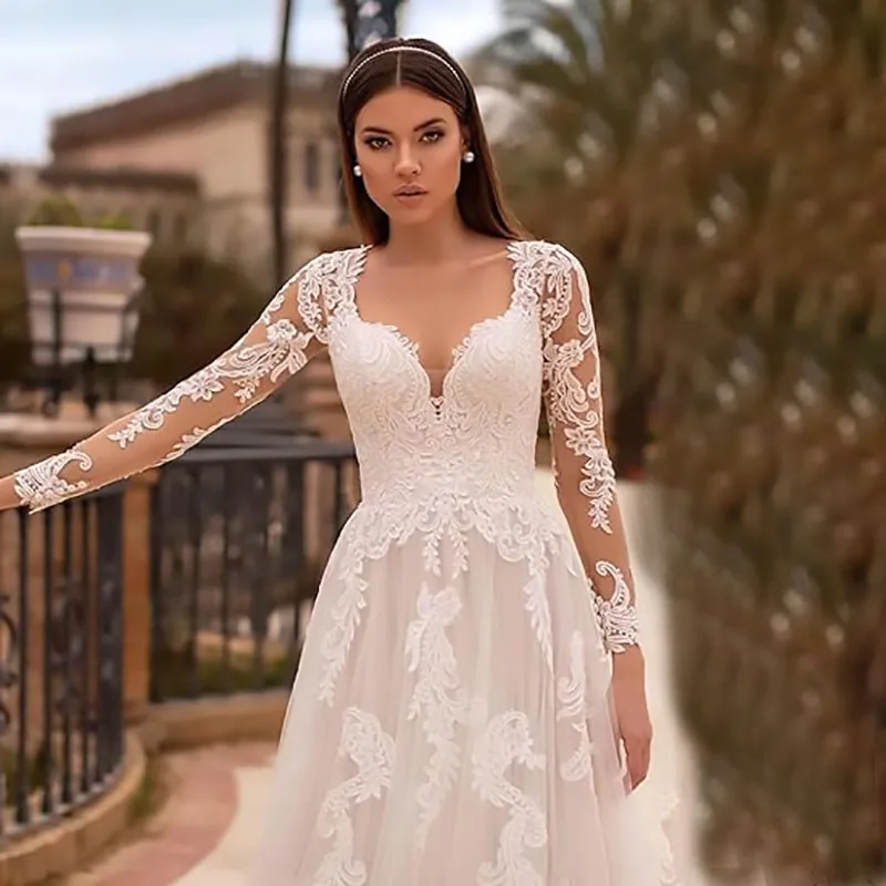 Fair Lady-vestidos de novia con cuello en V para mujer, traje de novia con tirantes de cuentas, apliques de encaje, 2024