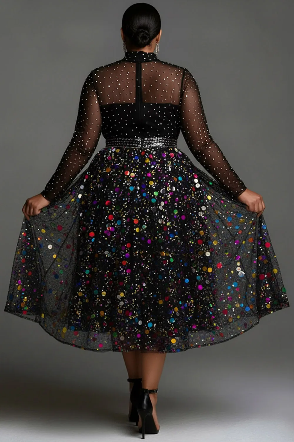 Plus Size Party Tulle Multicolor Mock Neck Long Sleeve See Through Elegant Sequin Midi Dresses
