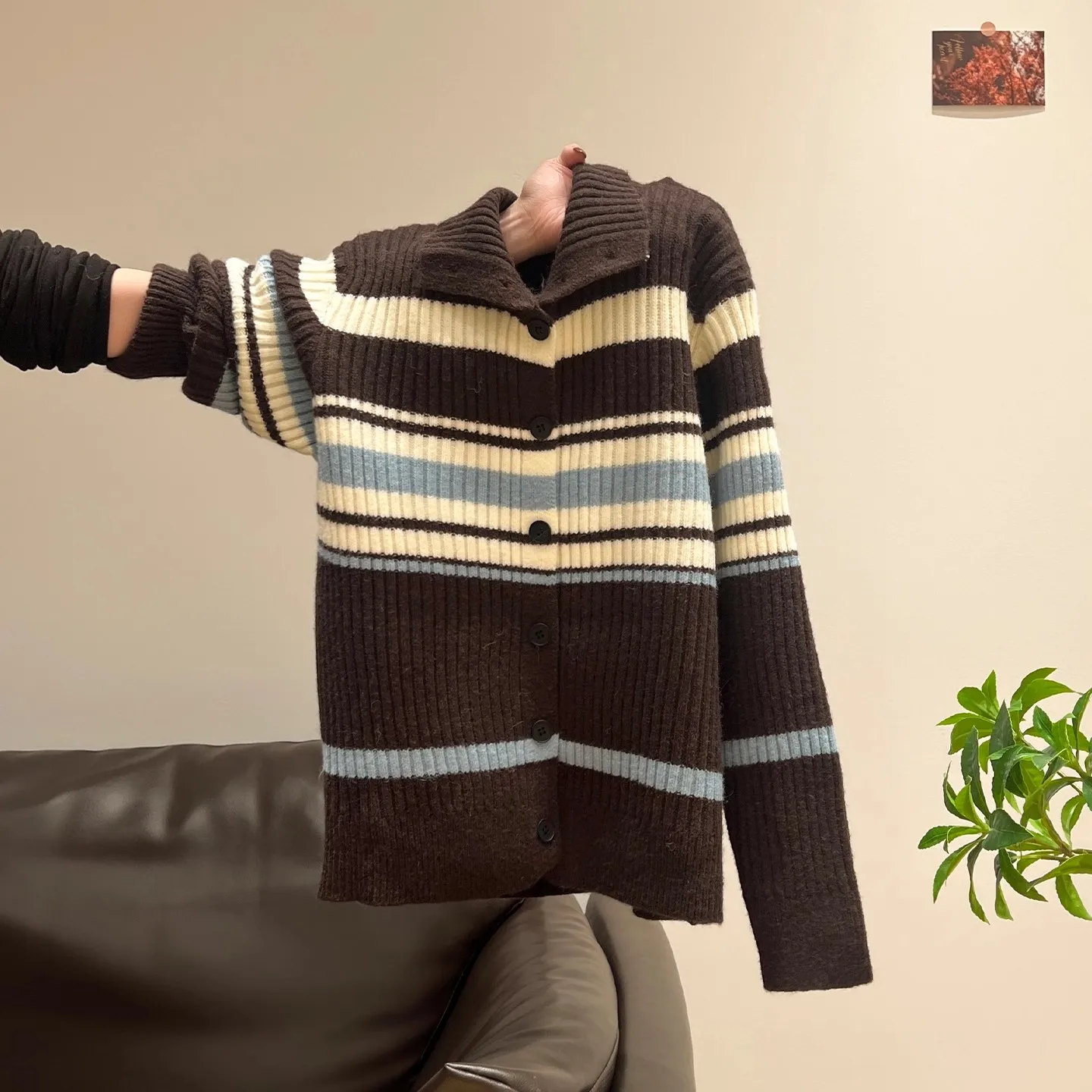 

Milard Half High Collar Striped Long Sleeve Knitted Cardigan Thick Sweater Winter Top Warm and Relaxing Jacket for Women