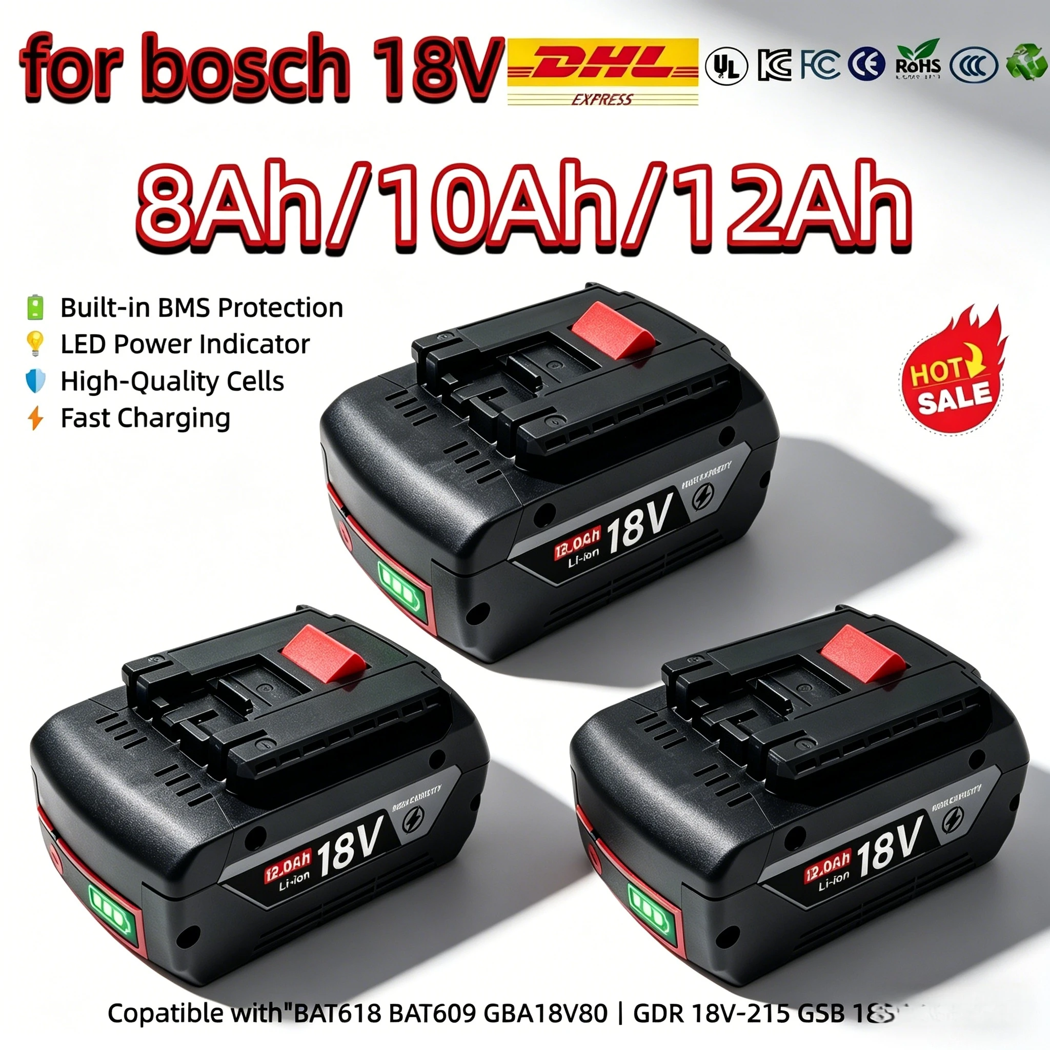 

For Bosch 18V Battery 8Ah 10Ah 12Ah BAT618 BAT609 GBA18V80 EU Stock for GSB 185-LI GDR 18V-215 with BMS protection