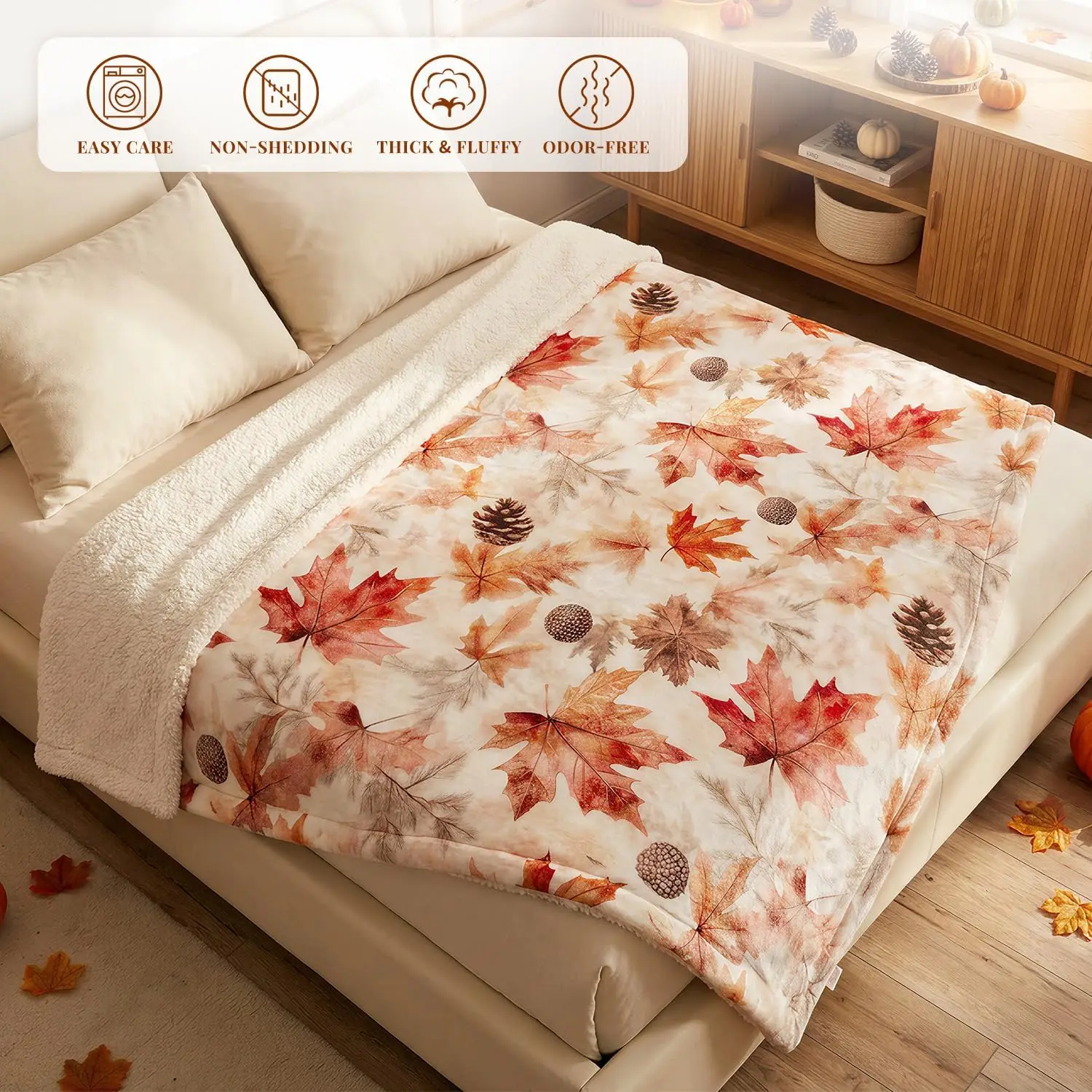 EVERLORIA Fall Throw Blanket 50"x60", Soft Warm Flannel Sherpa Fleece Autumn Maple Leaves Blanket, Orange Fall Throw for Sofa Couch Bed, Cozy Farmhouse Thanksgiving Home Decor Gift - view 3