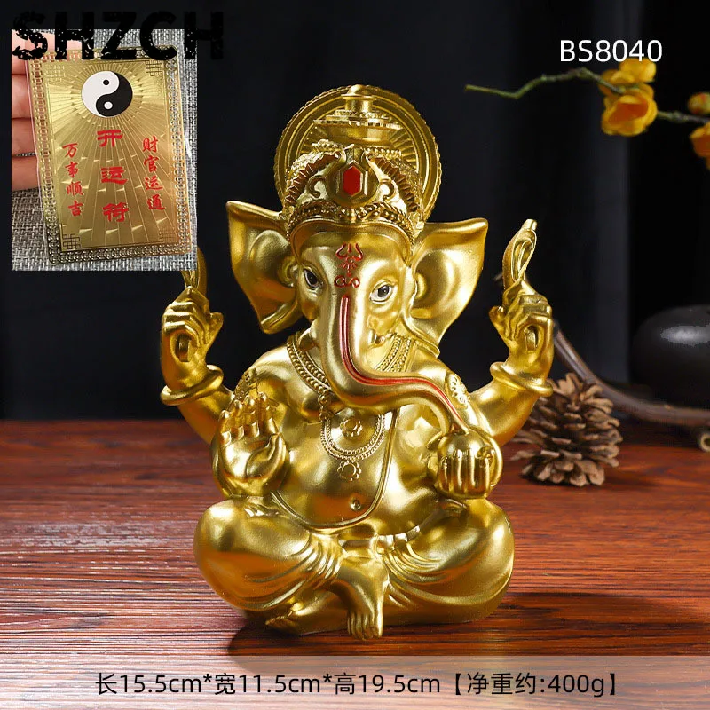 2023 Asia Thailand HOME CAR golden GANESH Elephant God of wealth Sculpture statue + GOOD LUCK crystal Mammon  Amulet