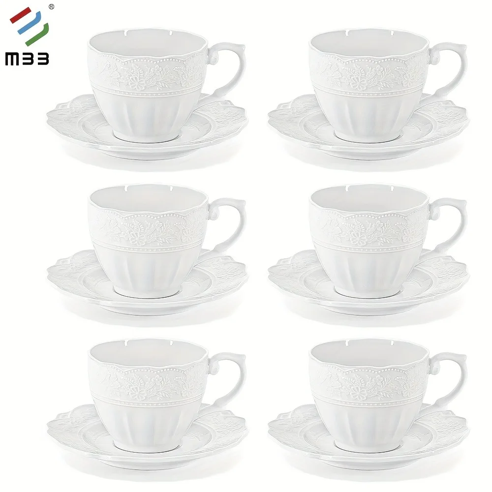 

Popular New Bone China Featuring 6 Cups And 6 Saucers in 90Cc And 200Cc Sizes, Adorned with a Distinctive Embossed Pattern