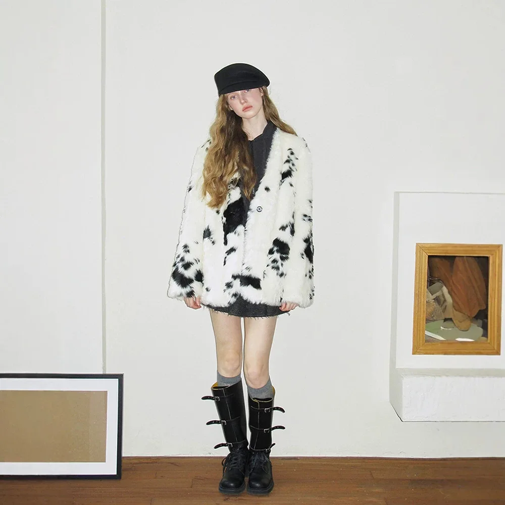 Fashionable Cow Print Faux Fur Coat V-Neck Single-Breasted Loose Style Jacket Women Eco-friendly Fur Classic and Elegant Top