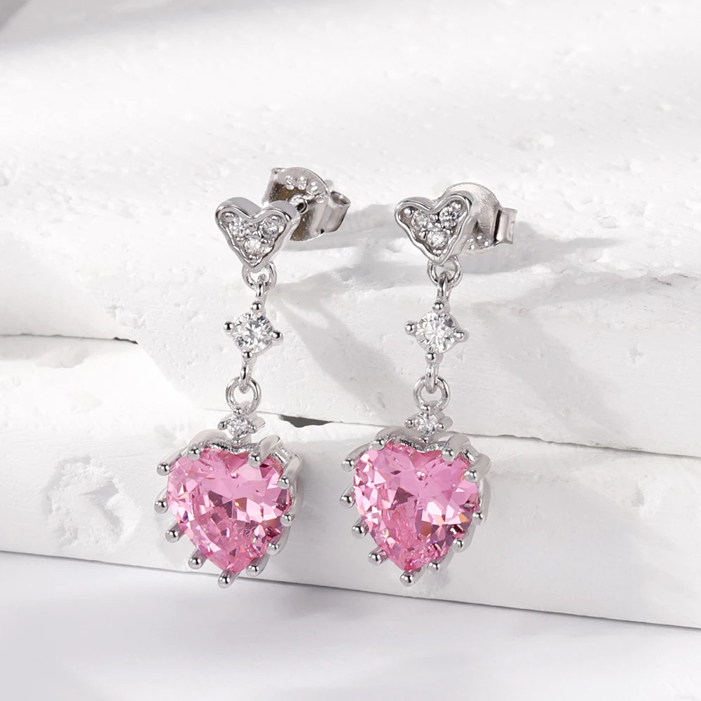 Orecchini in argento Sterling 925 con cuore d\'amore rosa scintillante con zirconi gioielli di fidanzamento regalo di compleanno per la festa della