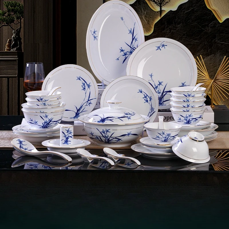 Kaolin white porcelain bowl Jingdezhen ceramic tableware set, Chinese style hand-painted gentleman