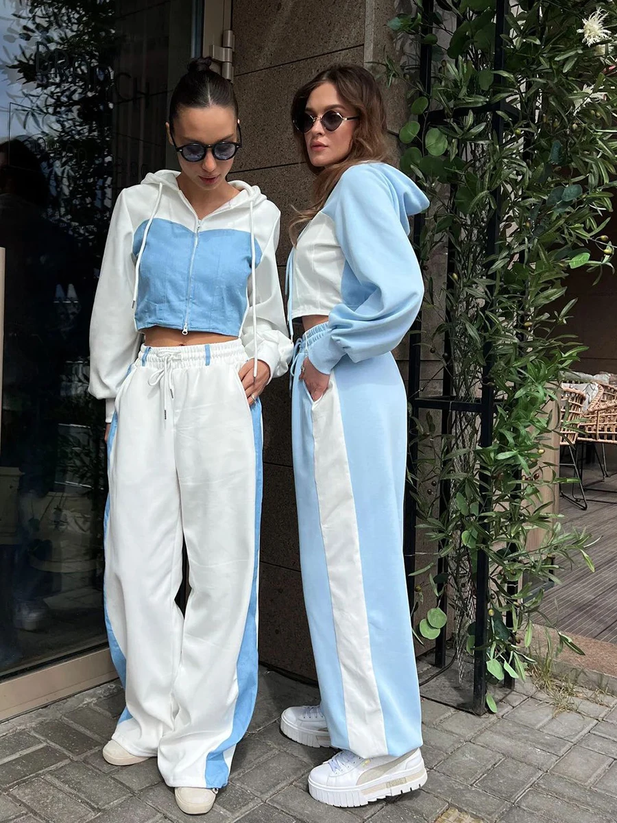 Autumn Color Patchwork Sport 2 Piece Set 2024 New Long Sleeve Zipper Cropped Jacket+Drawstring Sweatpants Casual Fashion Suits