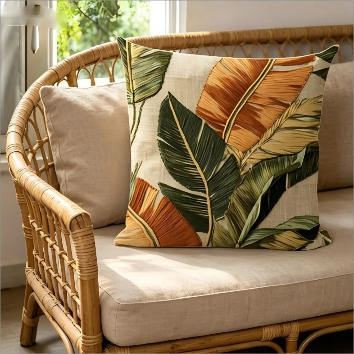 2D  Tropical Banana Leaf Pillow Cover Boho Palm Leaf Print Linen Texture Cushion Case for Sofa Couch  Home Decor