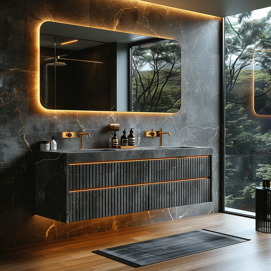 Luxury Modern Hotel Marble Wall Mounted Mirror Floating Double Sink Stainless Steel Bathroom Vanity Cabinet Set With Sink
