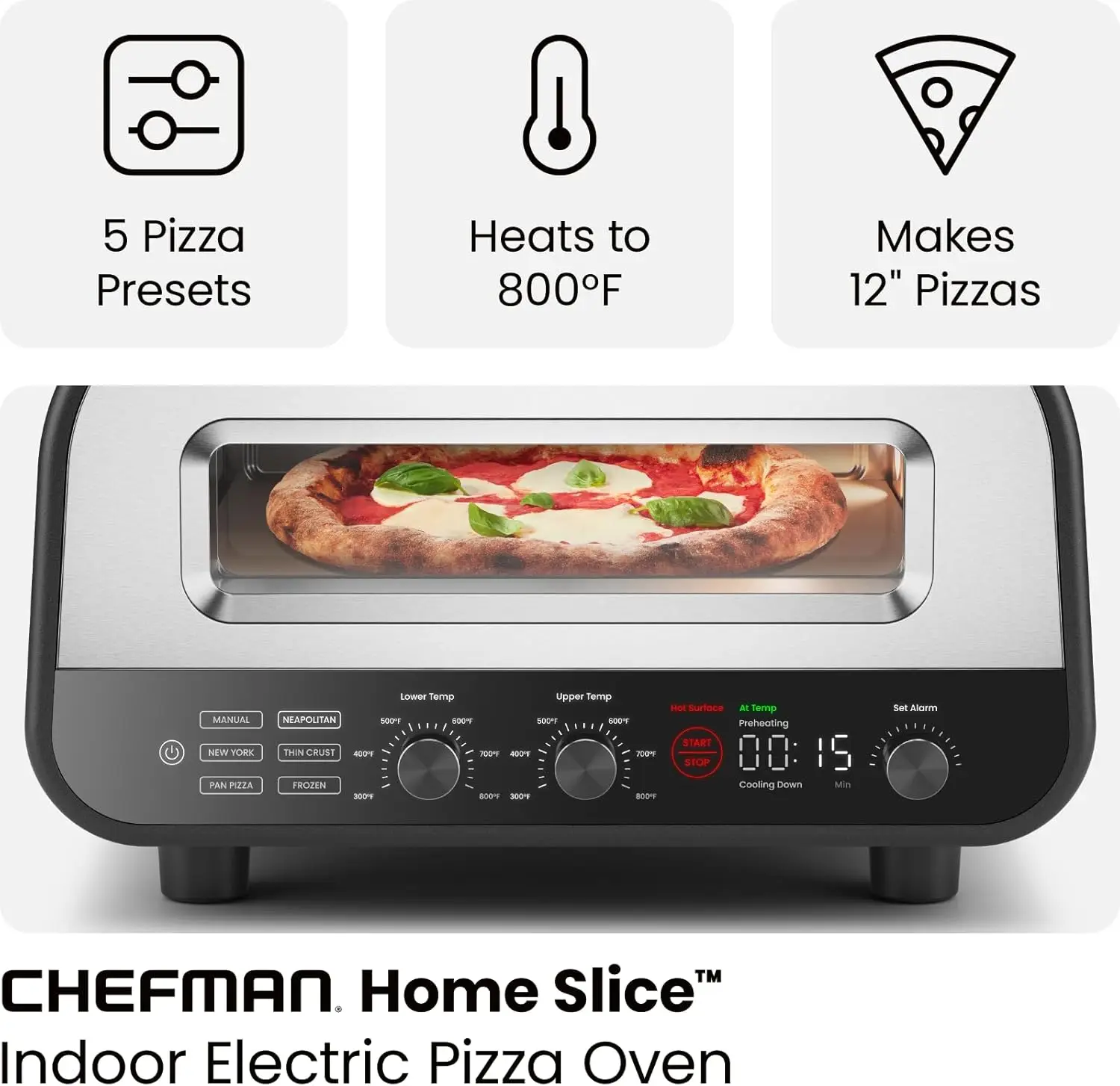 Indoor Pizza Oven - Makes 12 Inch Pizzas Heats up to 800°F - Countertop Electric Pizza Maker with 5 Touchscreen Presets