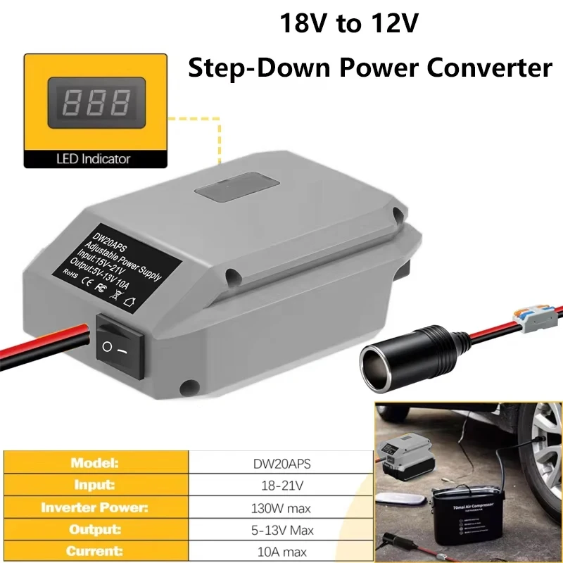 For Dewalt DC 18V to 12V Step Down Converter 12V/20A/240W Output with  Cigarette Lighter Socket for Car Fridges DCB180 DCB200