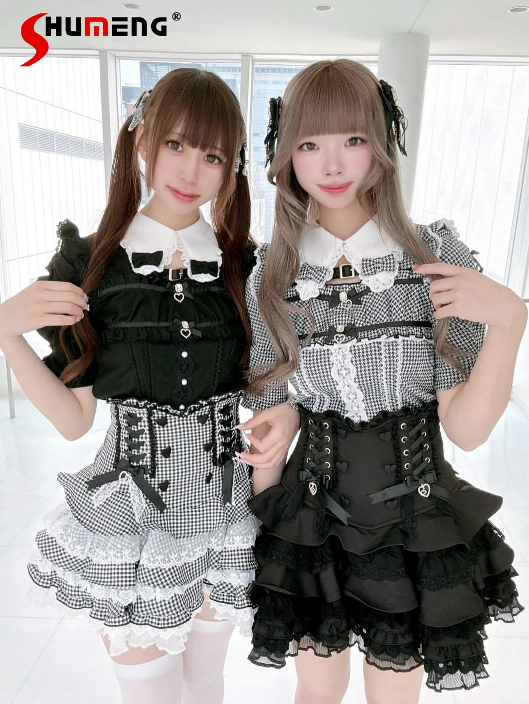 

2026 Summer LIZ Plaid Blouse Japanese Mines Style Mass Production Bow PU Buckle Short Sleeve Sweet Lolita Shirts Tops for Women