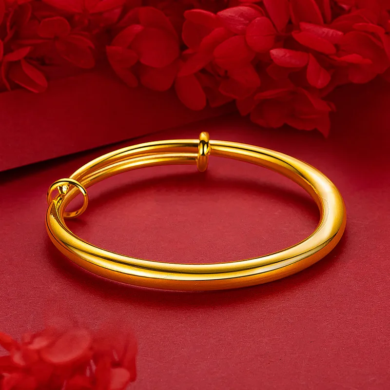 women 9999 24K real gold solid weighted smooth push-pull round rod bracelet thick classic style thick and thickened bangles