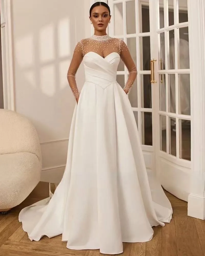 

Customized Luxury Crystal Beading Satin Pleated Wedding Dress Elegant High Neck Long Sleeve A-Line Bridal Gown Vintage Vestido