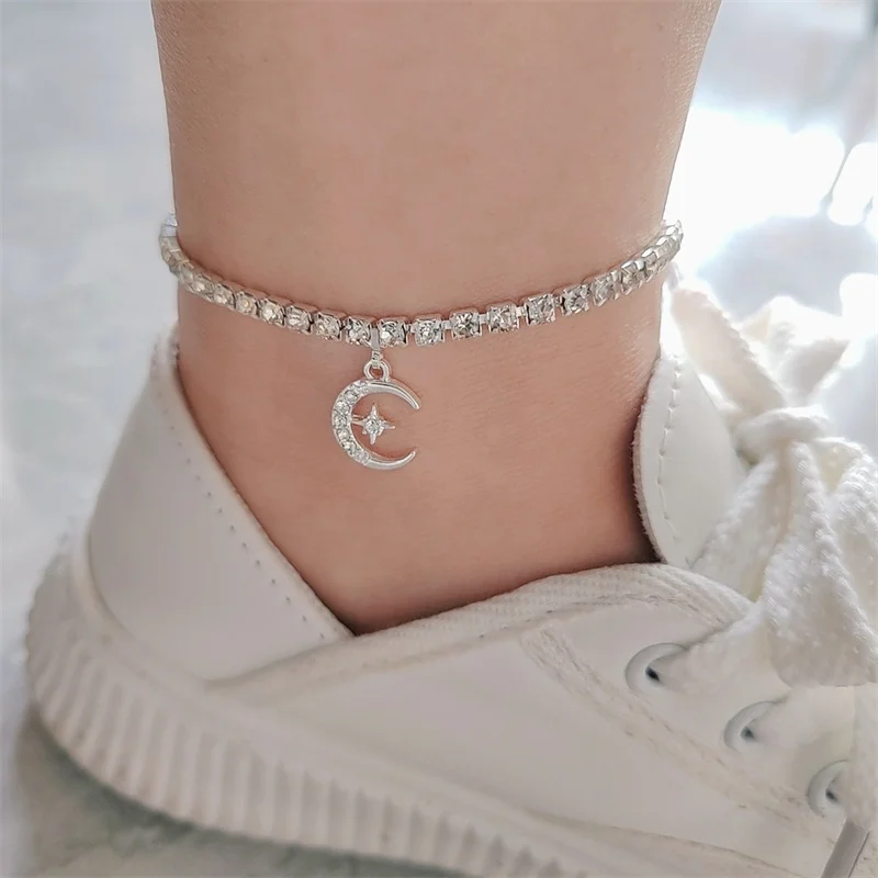 Fashion Star Moon Anklets For Women Silver Color Crystal Ankle Bracelet Beach Barefoot Sandals Foot Jewelry Leg Chain Girls Gift