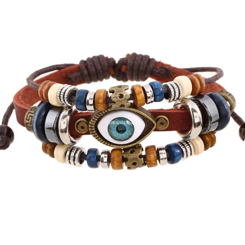 Boho Tibet Stone Feather Multilayer Leather Bracelet Evil Eye Fish Charms Beads Bracelets for Men Vintage Punk Wrap Wristband