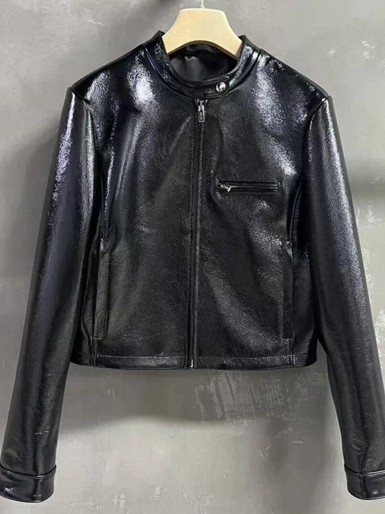 Pink Women Bright Patent Sheepskin Genuine Leather Jacket Slim Fit Zip Stand Collar Motorcycle Biker Windproof Short Style Coat
