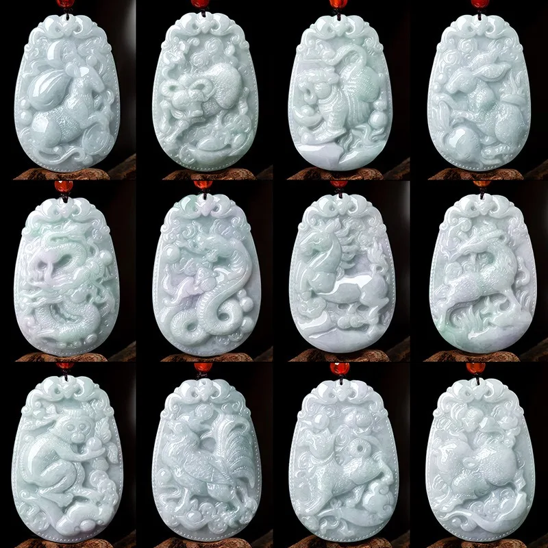 

Natural Burmese Emerald Chinese Zodiac Jade Pendant Necklace Hand-carved Fashion Charm Jewelry Amulet Gifts for Women Men Luxury