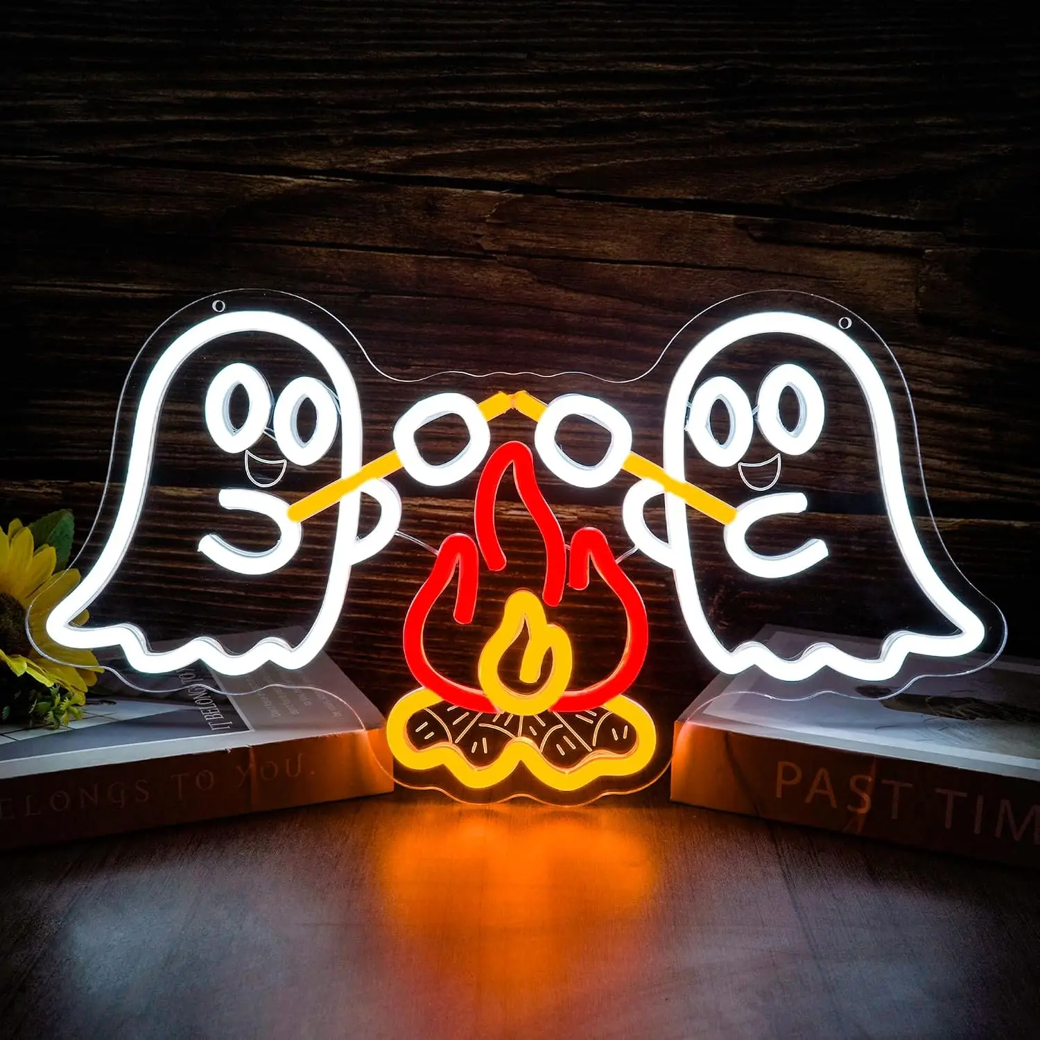 Ghost Campfire Neon Sign USB Dimmable LED Lights For Spooky Halloween Camping Bedroom Dorm Windsow Wall Hanging Art Decor Gift