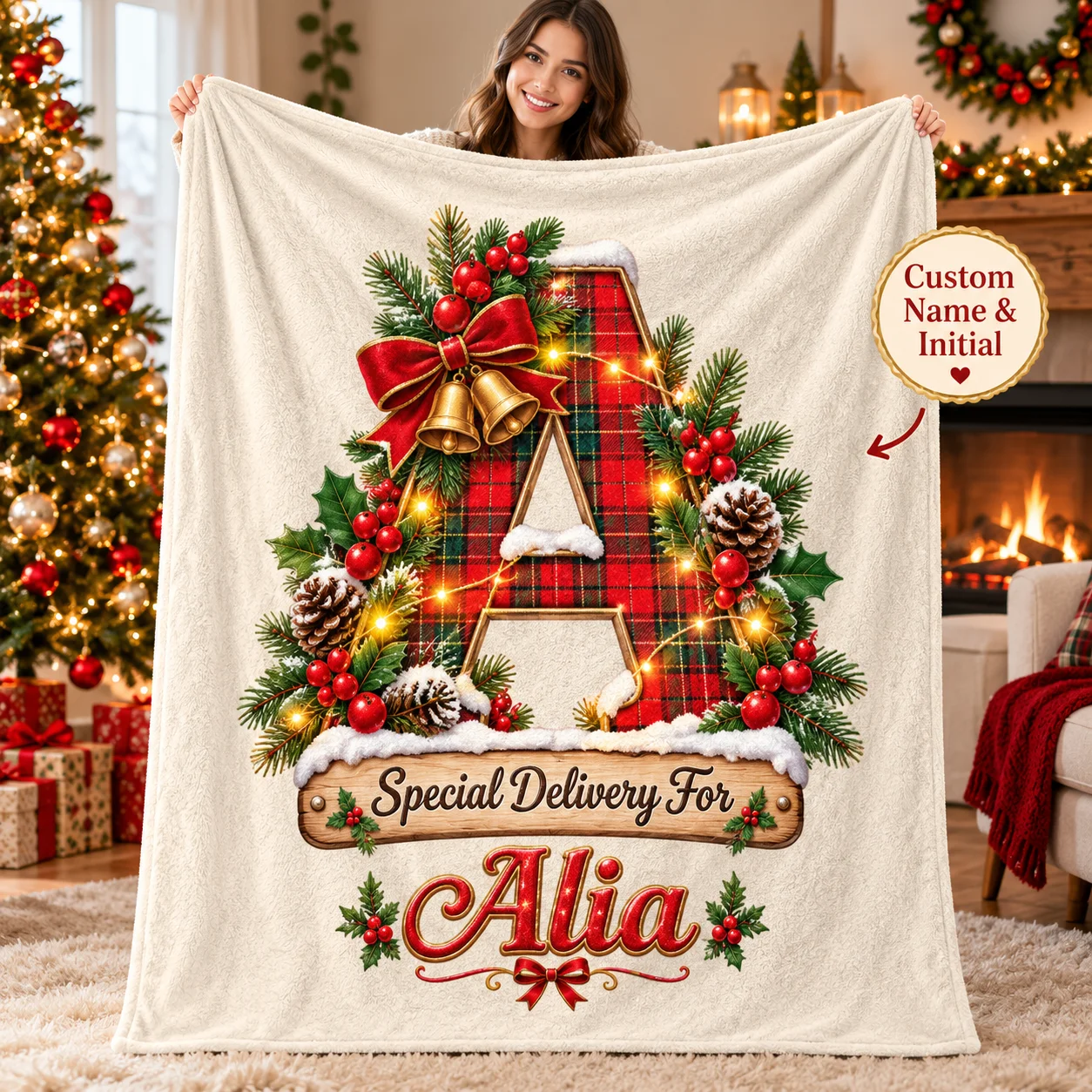 Custom Christmas Flannel Blanket, Personalized Name Letter Xmas Plaid Alphabet Warm Throw Blanket for Sofa Bed Holiday Gift