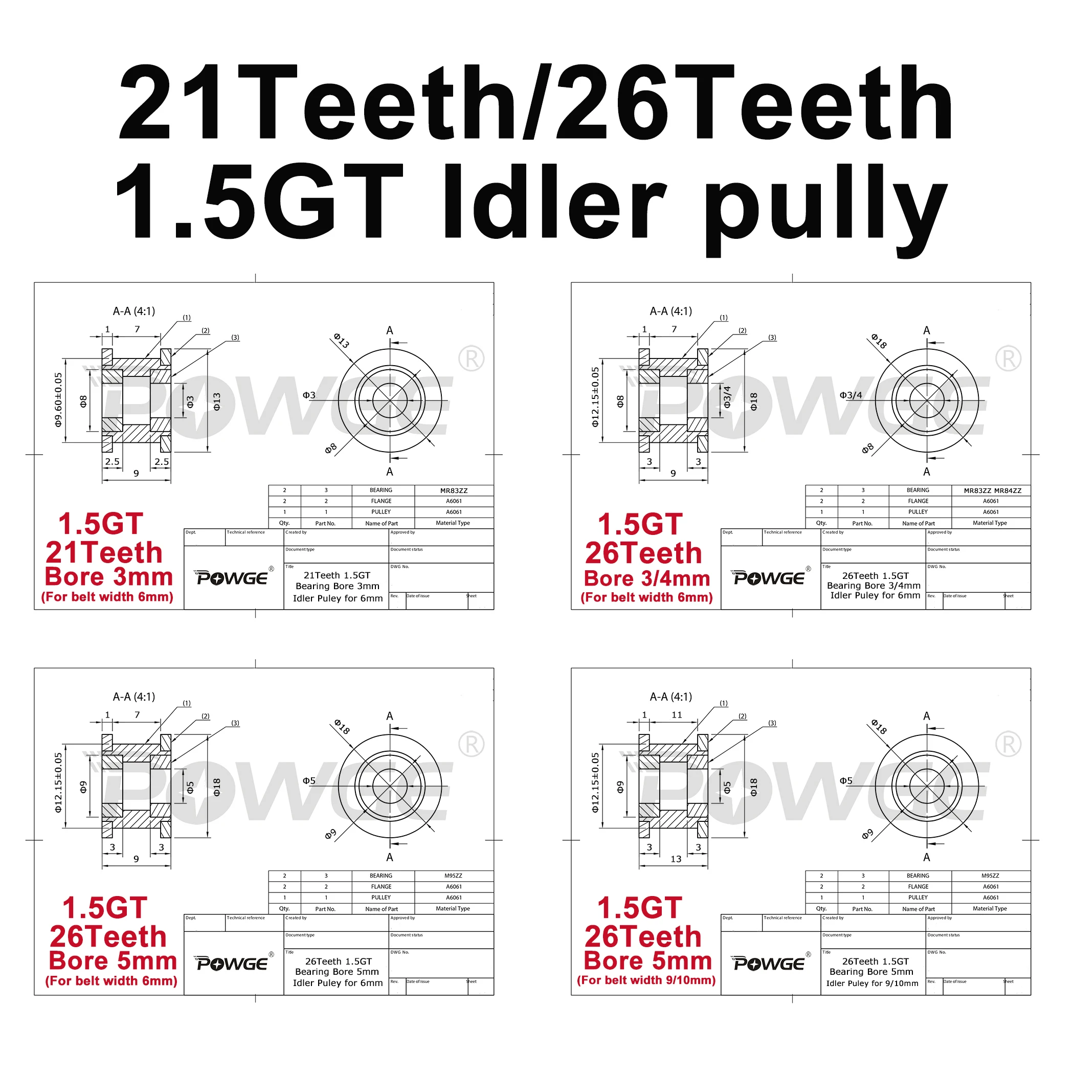 POWGE GT 21 26 40 52歯 1.5GT 1.5Mタイミングプーリー アイドラー ボア径 3/4/5/8mm ベルト幅 6/9/10mm 小バックラッシュ 21T 26T 40T 52T