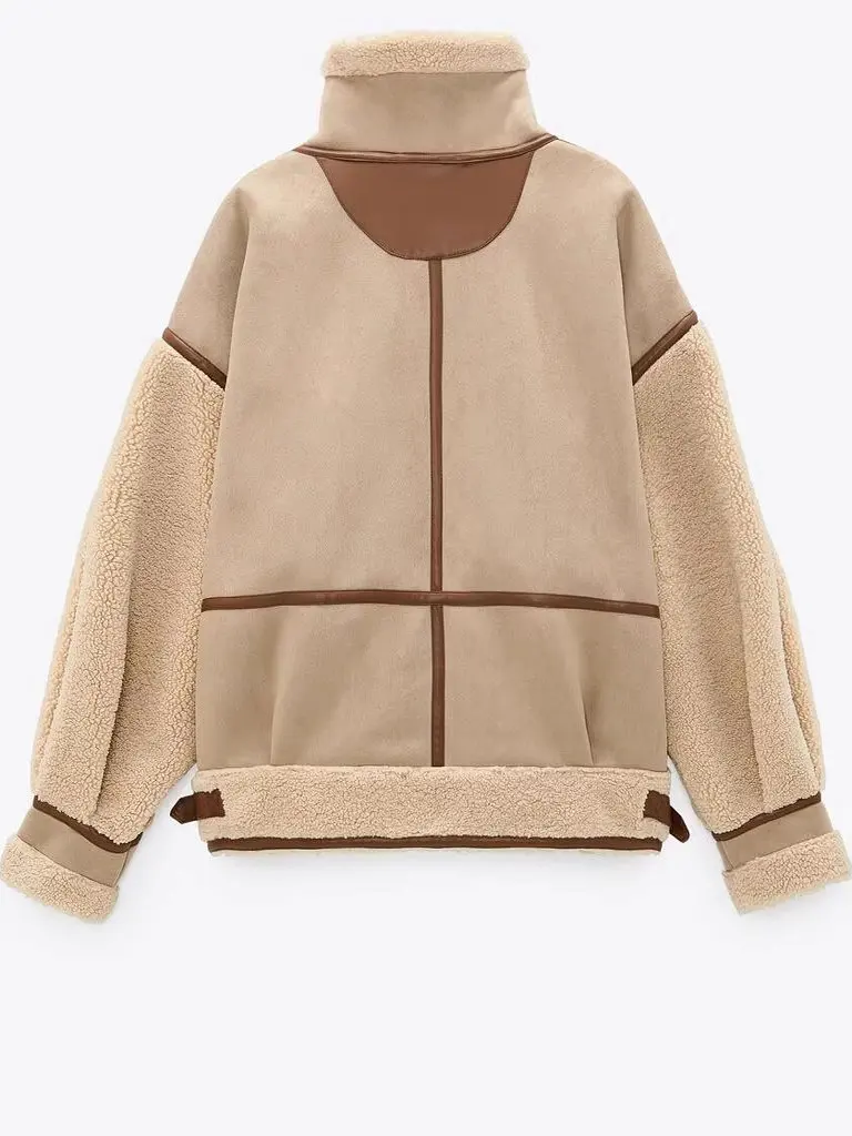 Automne hiver femmes motard Sle ample fourrure et cuir Jaet eepskin Patchwork manteau Polyester Long Sve fermeture à glissière