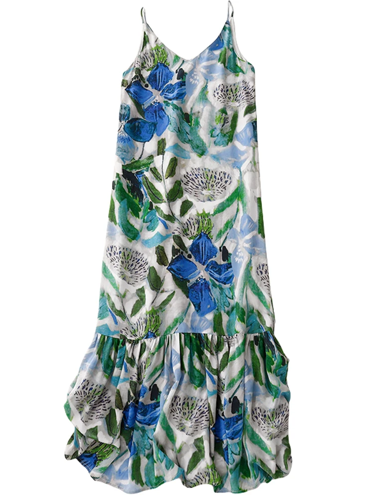 Beach Vaion V-Ne Estampado floral ter Dr Novedad de verano para mujer Estampado de acuarela Dobladillo de encaje Mezcla de algodón de longitud media Dr