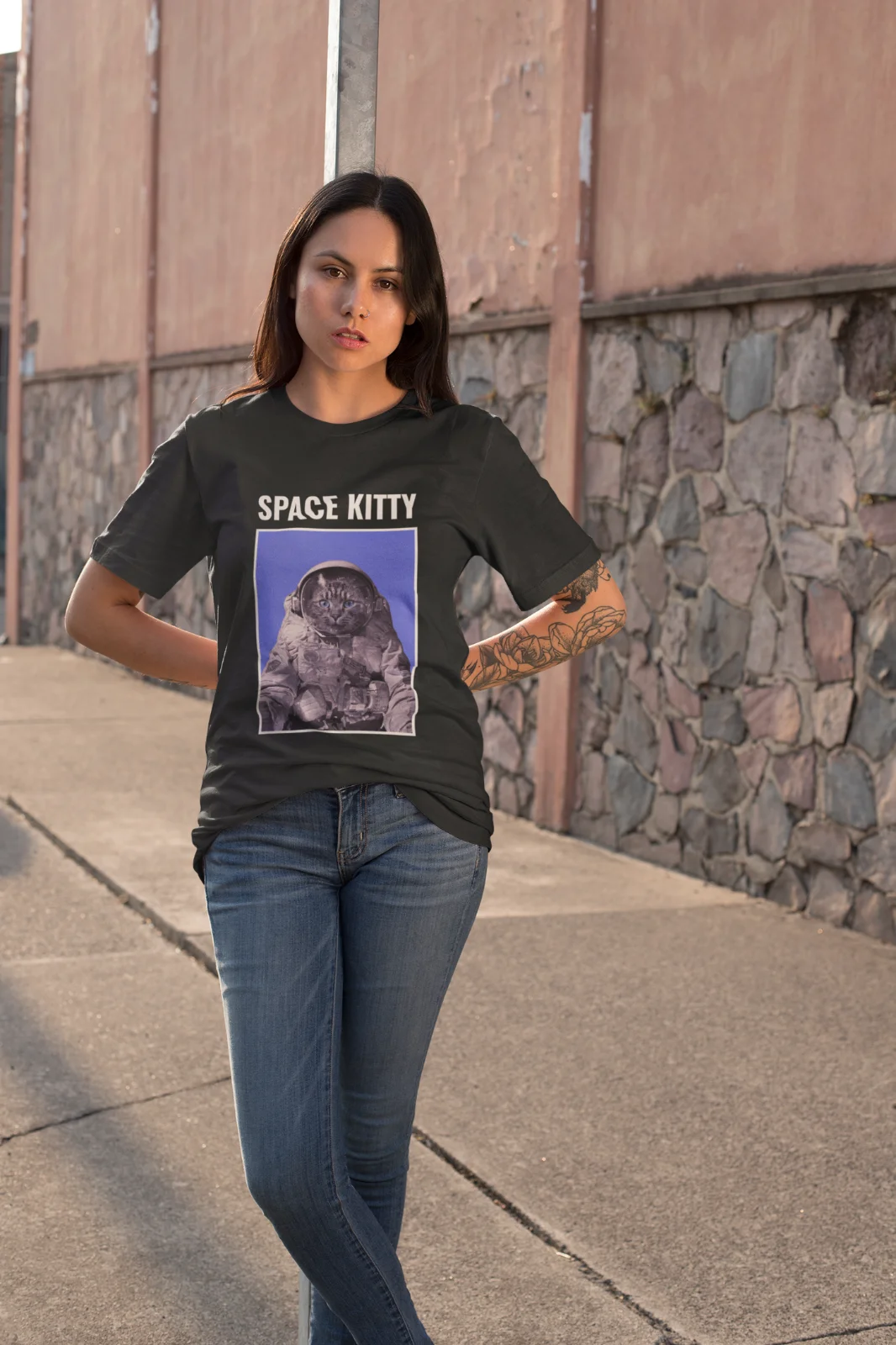 ORGANIC Women's Oversize FUNNY CAT Space Kitty Cat Sport T-Shirt-