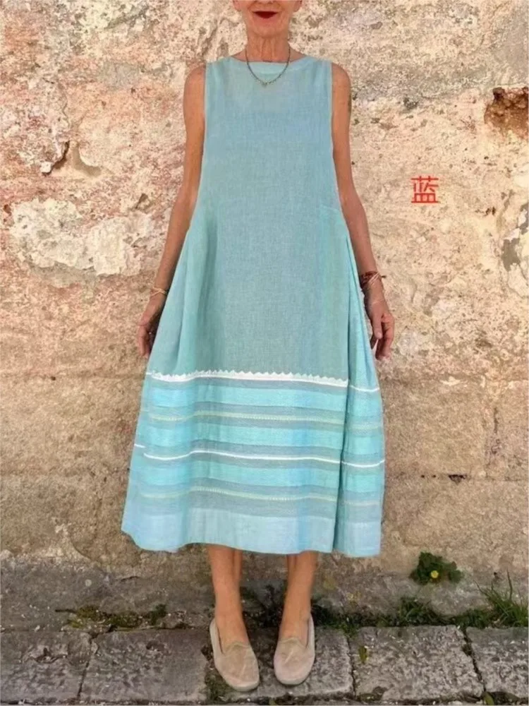 

Summer New Striped Print Sleeveless Long Dresses 2025 Women Fashion Casual Loose O Neck Folds A-line Dress Dress Lady Vestidos