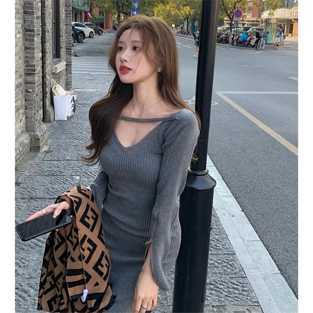 2022 Autumn And Winter New Korean Clothing Long Sleeve Pit Knitted Elegant Slim Slit Dress Knitted Dress Elegant Dress