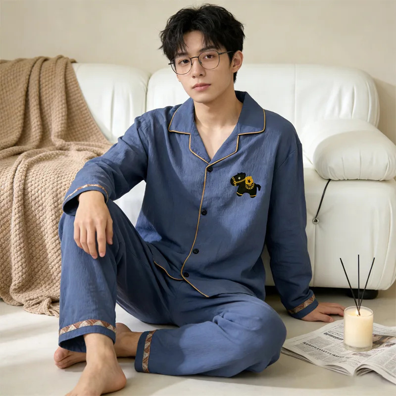 2/pce Set Spring Autumn Men Casual Home Pajma Male Long-sleeve Pants Loungewear Men Solid Color Indoor Embroidery Pattern Pajama