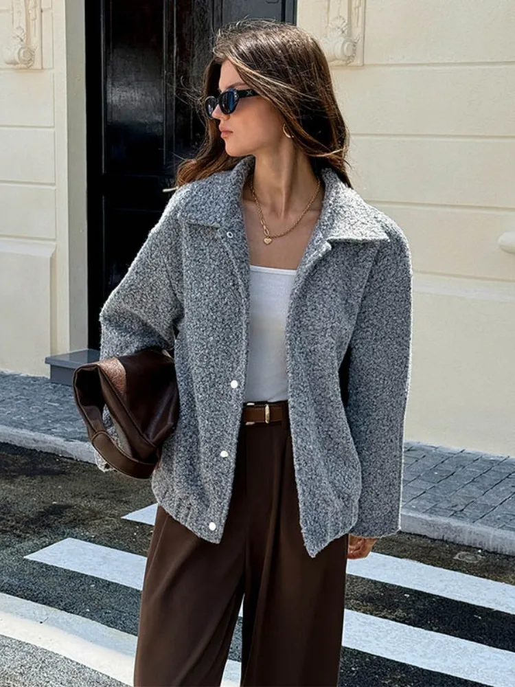 

Onecozyday серая куртка из шерпа Тедди, осень-зима 2022, новое свободное пальто с лацканами и длинными рукавами на пуговицах, повседневная повседневная верхняя одежда