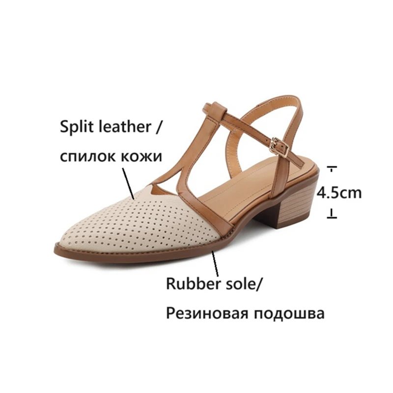 NEW Summer Women Sandals Split Leather Shoes for Women Simple Pointed Toe Chunky Heel Shoes Cover Toe Slingback Designer Sandals