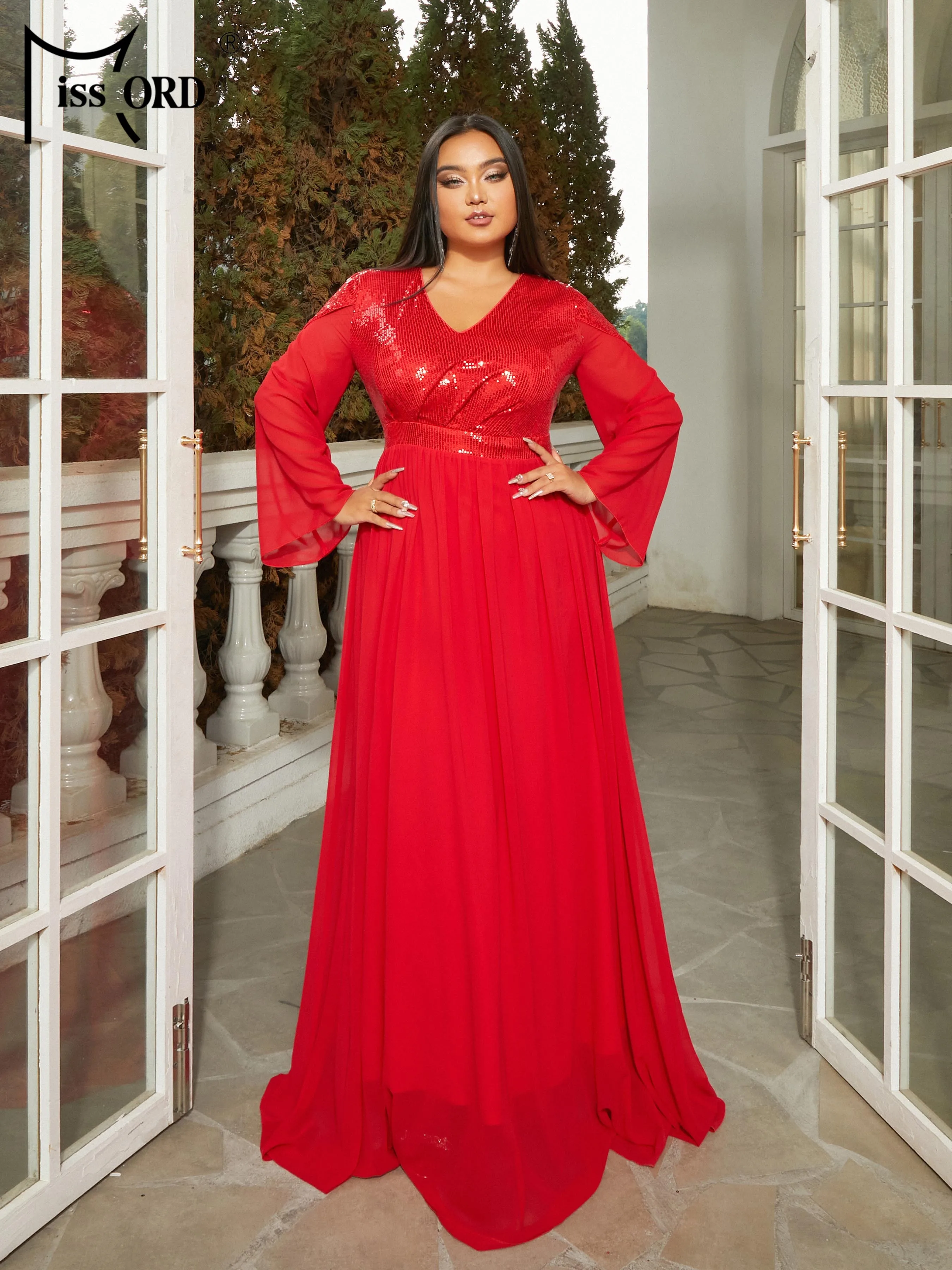 Missord New Plus Size Red V Neck Long Sleeved A-line Evening Prom Wedding Birthday Party Formal Occasion Dresses