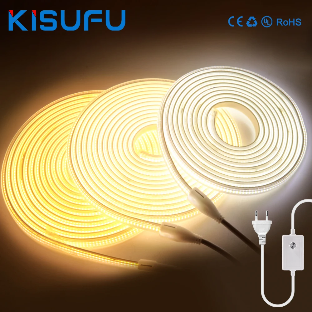 

Dimmable 220V COB LED Neon Strip Light 288LEDs/m Super Bright Flexible Ribbon FOB Tape With Switch/Dimmer Plug IP67 Home Decor