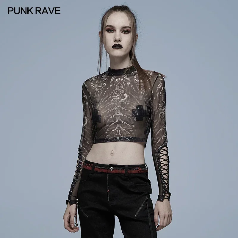 

PUNK RAVE Women's Gothic Personalized Skeleton Print Mesh T-shirt Punk Style Black Perspective Sexy Hollow Tops Summer