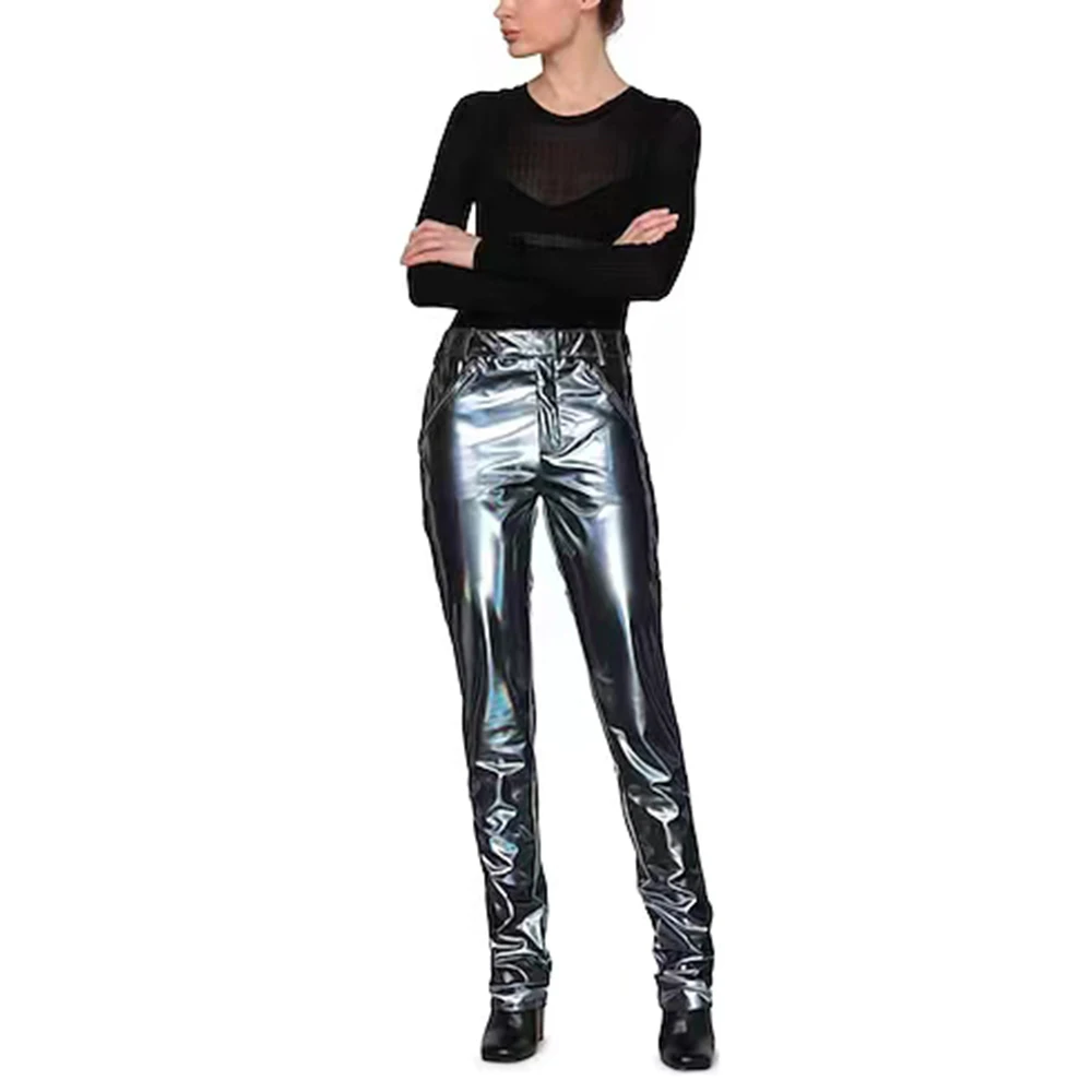 Women Metallic Pants Shiny Laser PU Leather Slim Trousers Nightclub Party Streetwear Pants