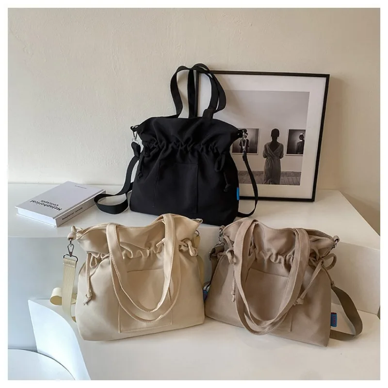 Canvas Shoulder Bag Solid Color Drawstring Large Capacity Tote Bags for Women Casual Shopping Travel Commuter Connector Handbag