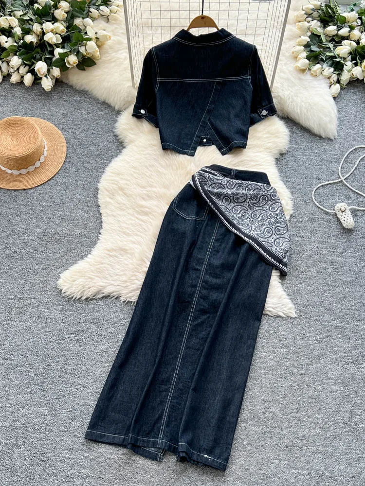 American Sle Spicy Girl Kerah Retro atau Denim Jaet Atasan Syal Sutra Rok Belah Pinggang Tinggi Kasual Dua Potong Set