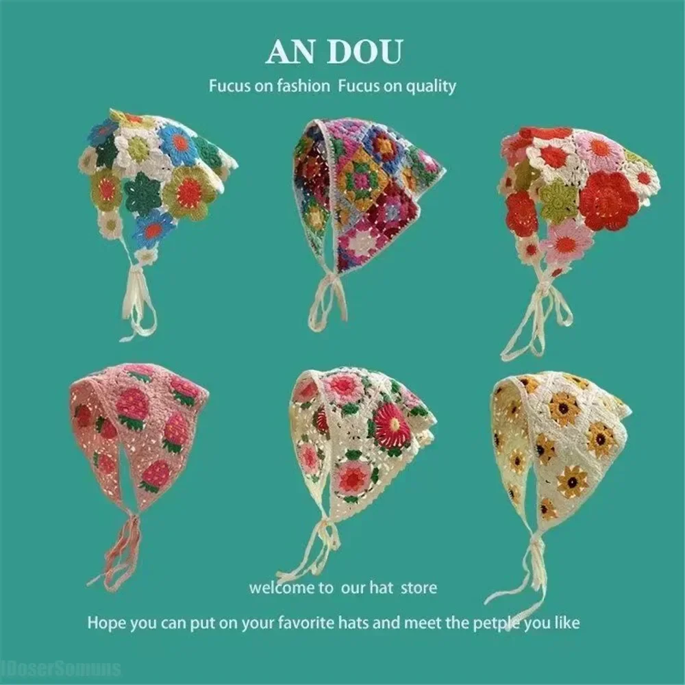 Mushroom Hollow Triangle Headband Towel Strawberry Hat Crochet New Korean Handmade Headscarf Sweet Cute Strap Hair Bag Small