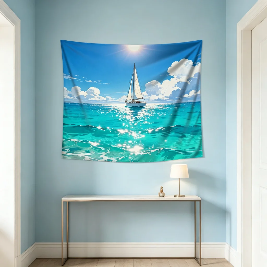 1PC Sailboat Ocean View Print Backdrop Banner, Bedroom Photo Background, Polyester Wall Hanging, Home Decor, Wall Art