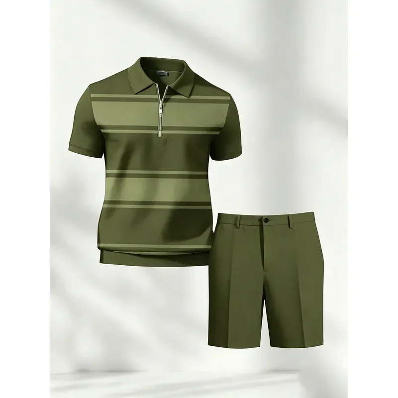 1 top (without pants) Men's Plus Casual Olive Green Striped Four Zip Polo Shirt