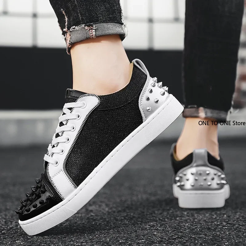 Men Sneakers Casual Designer Rivet Punk Board Shoes Fashion Leather Canvas Breathable Height Increased Flat Platform White Shoes