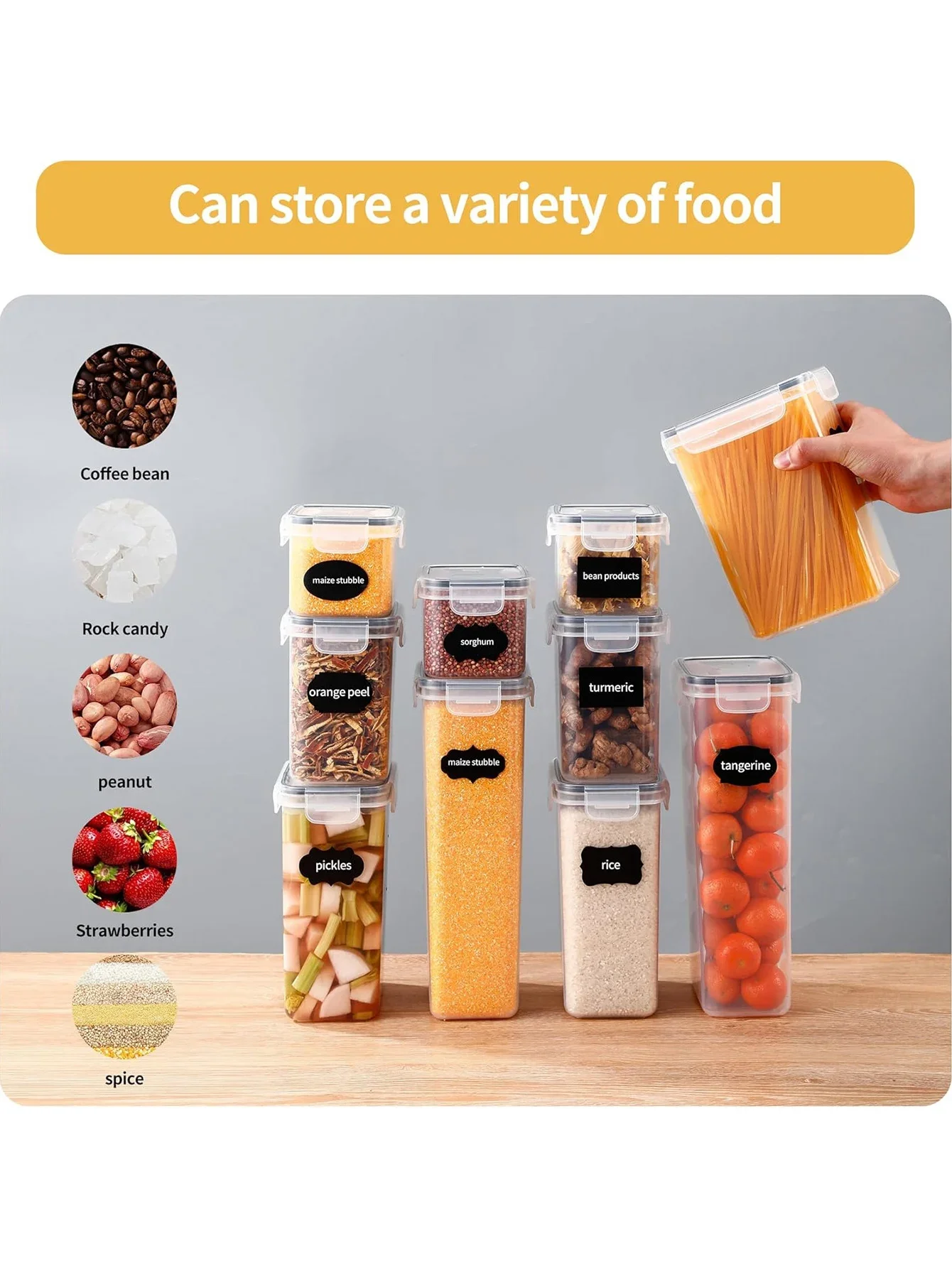

12pcsSealed food storage containers with labels - food crisper, dishwasher safe， flour, sugar, cereal,